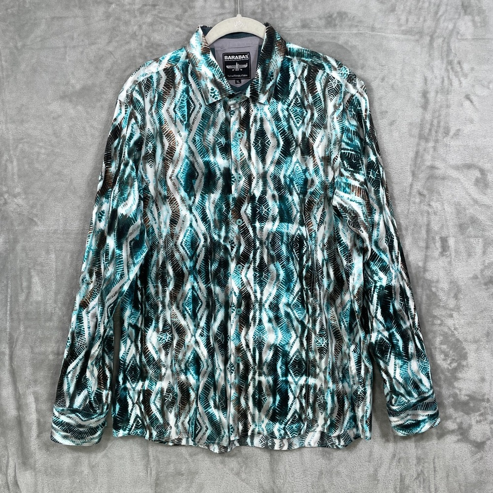 Barabas Men's XL Long Sleeve Woven Cotton  Shirt Abstract Geometric Teal Black